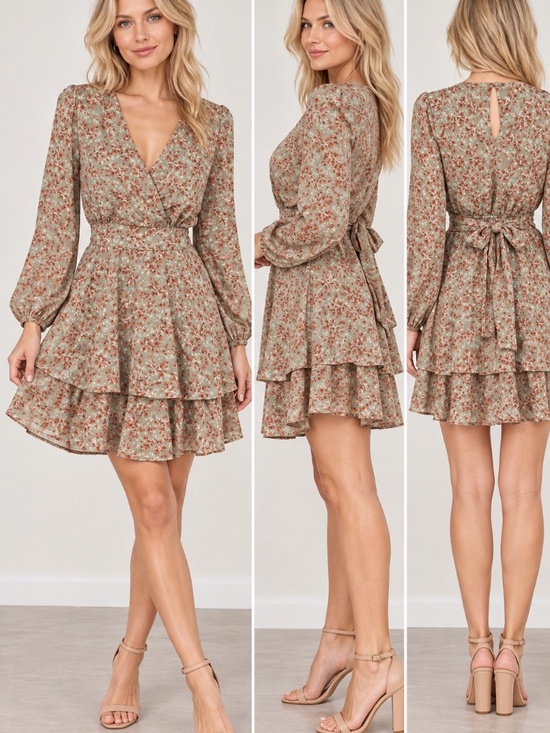 Japna Dresses & Skirts - Japna Boho Sage Green Floral Ruffle Mini Dress Long Sleeve Tie Waist Size Small